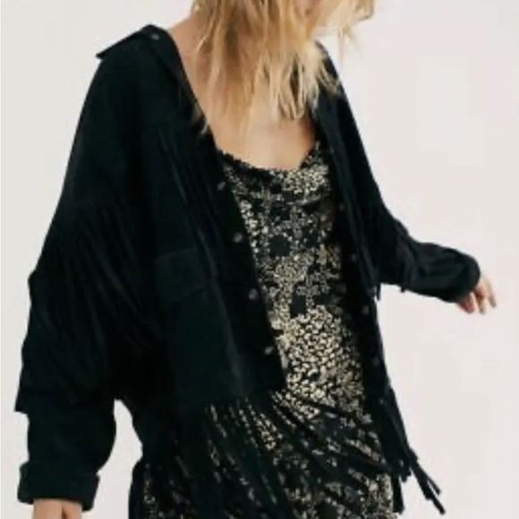 Free People The Lucky Ones Suede Jacket Fringed Studded Snap Front Black - Picture 2 of 7